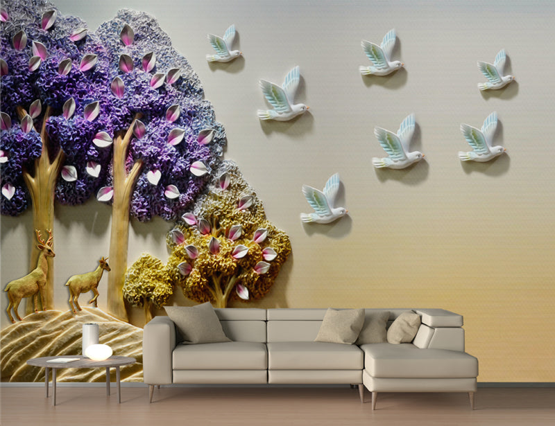 3d Nature Theme Tree and Birds are flying Wallpaper