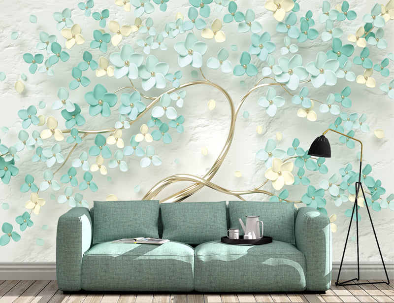 3D Wallpaper Mural Mint Green Flowers customized wallpaper