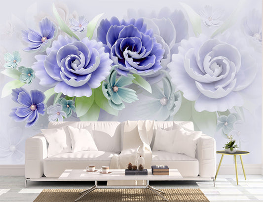 Aqua Blue 3D Floral Wallpaper