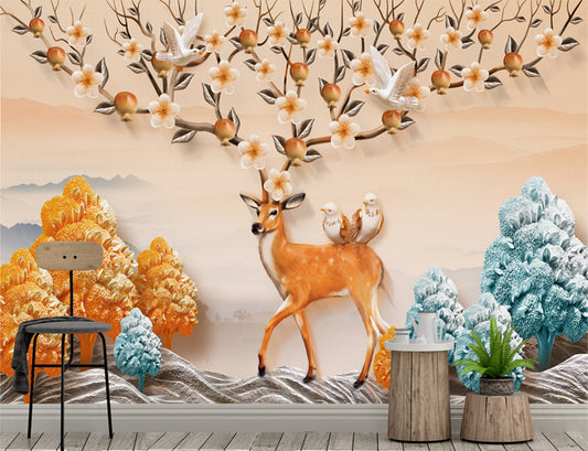 3d Deer Leaves and Flowers on Horns Mural Wallpaper