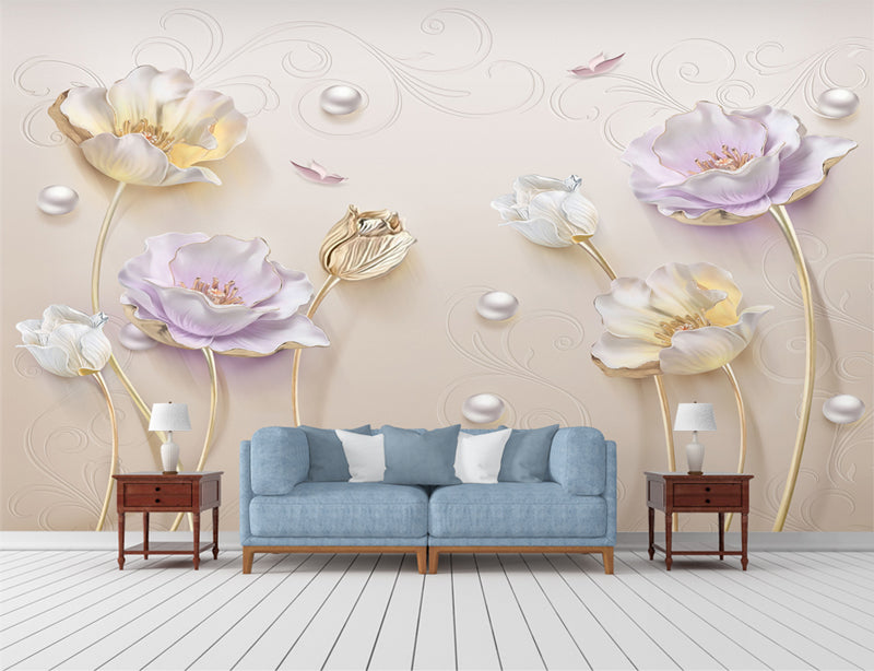 3D Floral With Gems Wall-Art Wallpaper