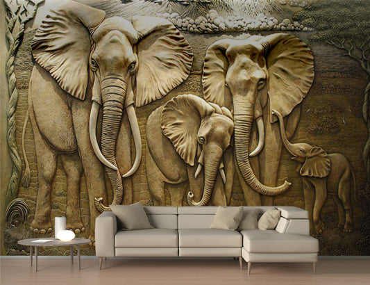 3D Elephant Family Wall Mural Wallpaper