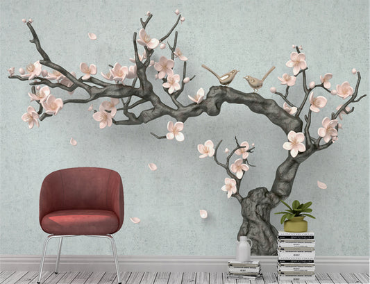 3D Branches And Pink Flower Design Wallpaper