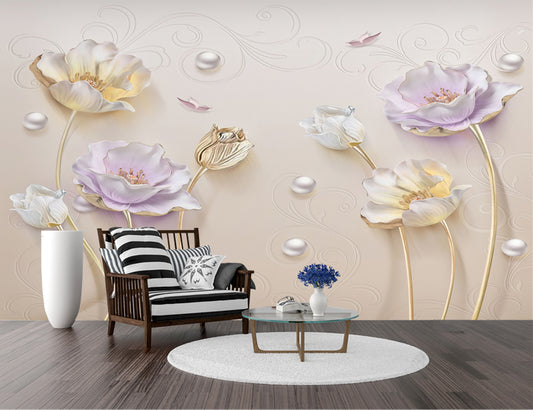 3D Floral With Gems Wall-Art Wallpaper