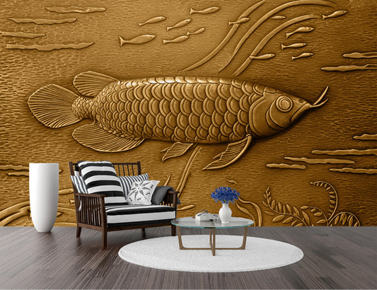 3D Wall Mural Metal Gold Fish Wallpaper