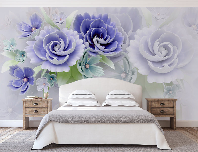 Aqua Blue 3D Floral Wallpaper
