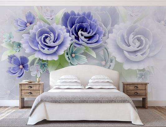 Bedroom - Aqua Blue 3D Floral Wallpaper