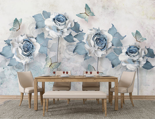 3D Blue Elegant Big Flowers and Butterfly Wallpaper