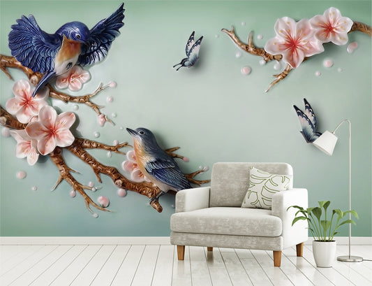 3D Blue Birds Wallpaper | birds are tweeting on the branch | Bedroom wallpaper