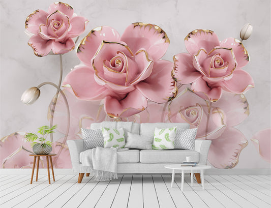 Pink Rose 3D Floral Wallpaper