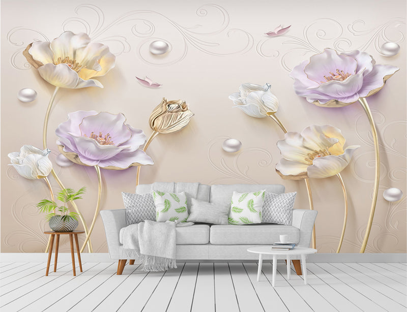 3D Floral With Gems Wall-Art Wallpaper