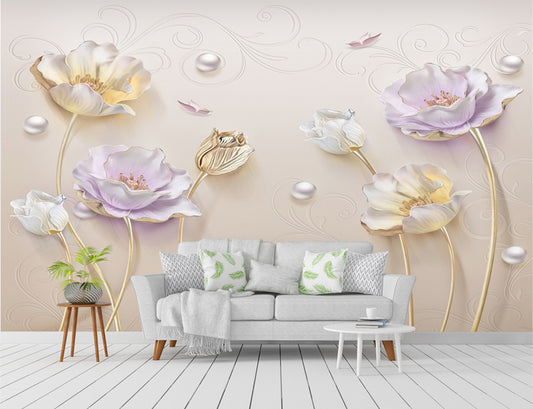 3D Floral With Gems Wall-Art Wallpaper