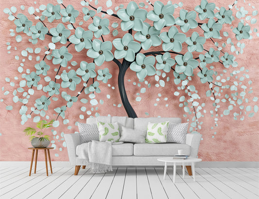 Mint Green Flowers Tree 3d Wallpaper Mural | Wallpaper for walls, texture wallpaper
