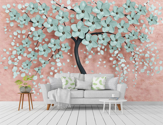 Mint Green Flowers Tree 3d Wallpaper Mural | Wallpaper for walls, texture wallpaper