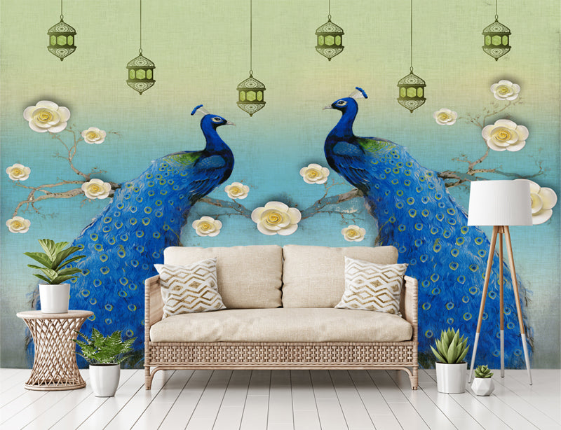 Peacock Painting Wall Paper For Living Room