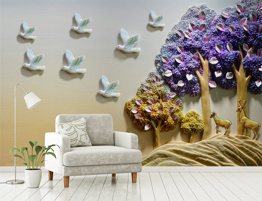 3d Nature Theme Tree and Birds are flying Wallpaper