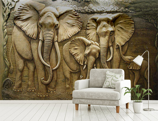 3D Elephant Family Wall Mural Wallpaper