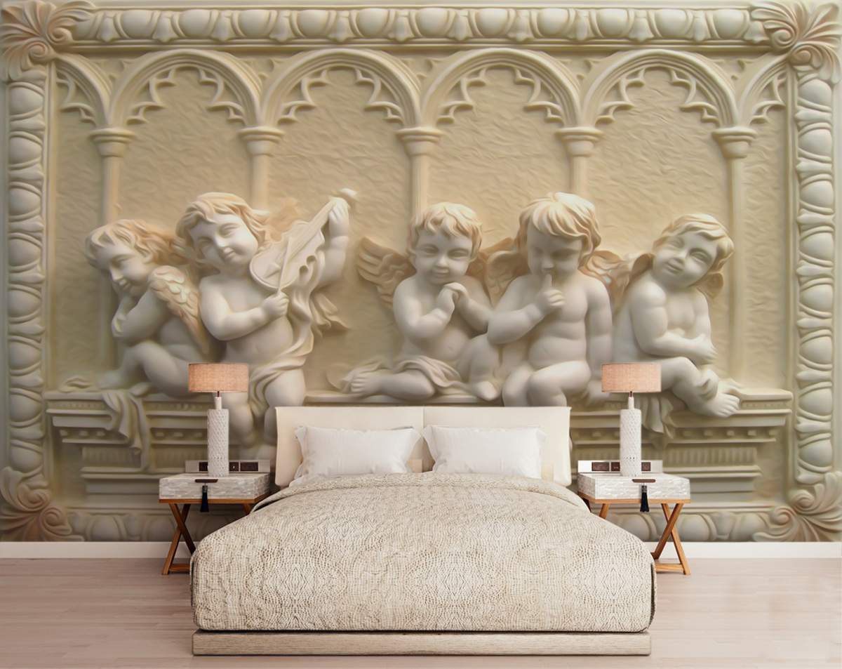 Five Little Marble Angel with Wings Wallpaper 3d Wall Mural