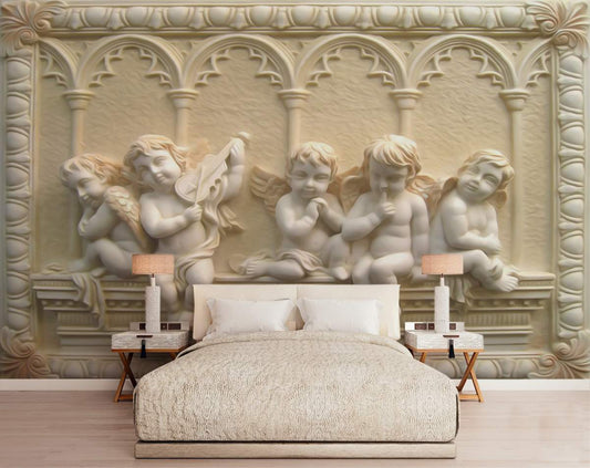 Bedroom - Five Little Marble Angel with Wings Wallpaper 3d Wall Mural
