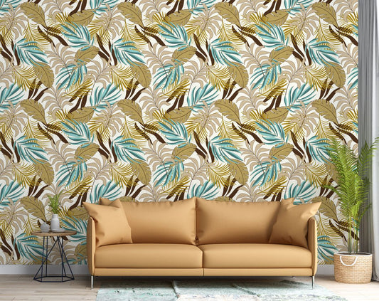 Light Yellow Wallpaper With Exotic Green Leaves, Tropical Wallpaper