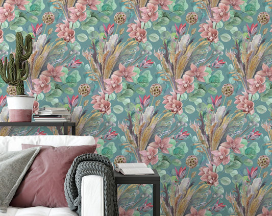 Rainforest Escape Green Pink Flowers Wallpaper