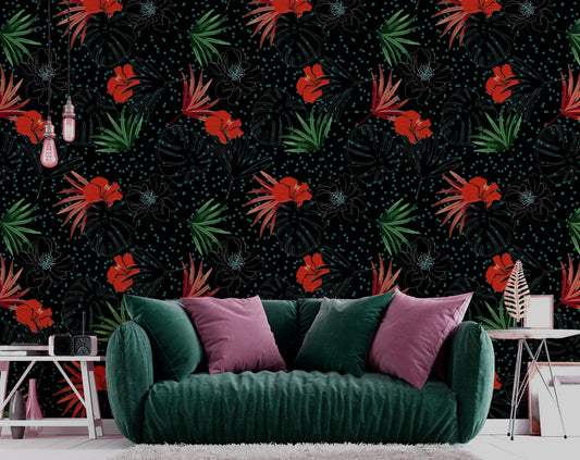 Red Flowers Decorative Tropical Palm Leaves Design Wallpaper