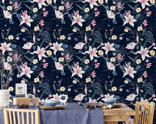 Pink Lily Flowers on Dark Blue Background Wallpaper