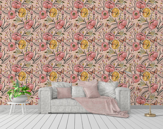 Vintage Flowers and Butterflies Home Wall Decoration Wallpaper
