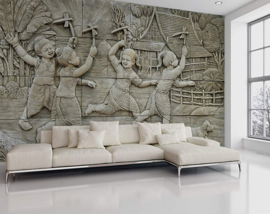 3d Mural Wallpaper, Kids are Playing 3d Wallpaper, Wallpaper 3d for Living Room