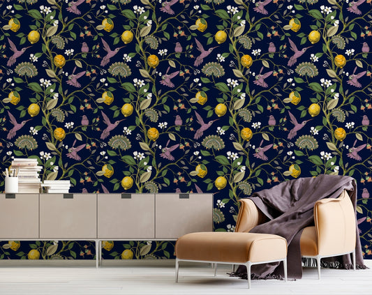 Dark navy blue Botanical Wallpaper