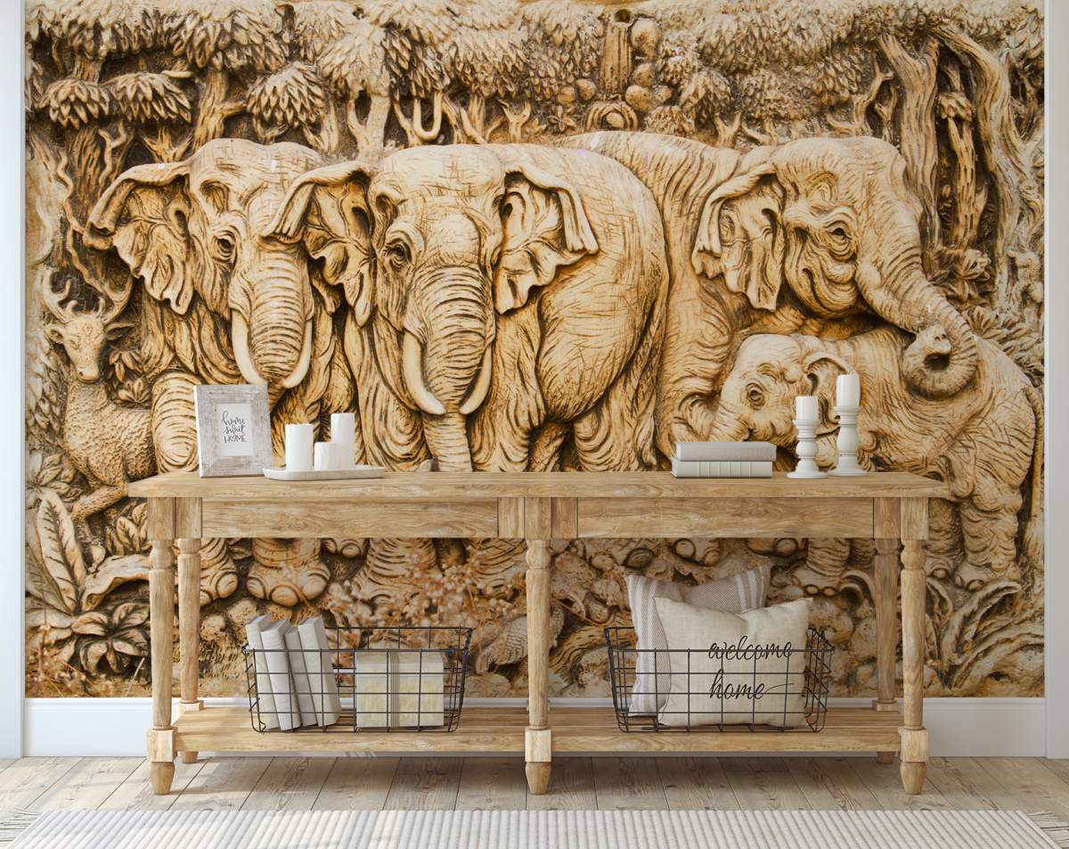 3D Gold Elephants Wall Mural Wallpaper