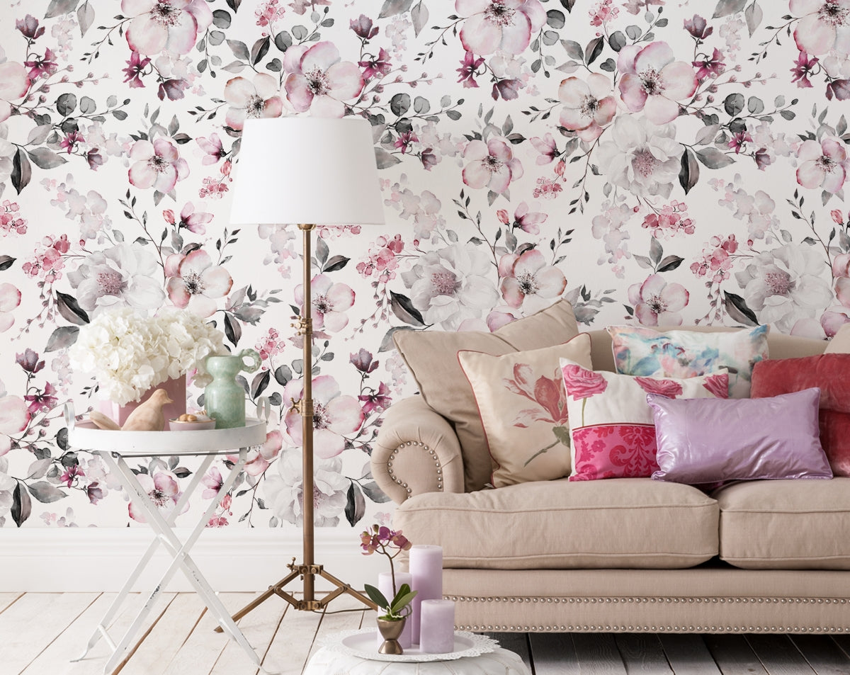 Watercolour Pink Flowers And Leaves Wallpaper For Living Room