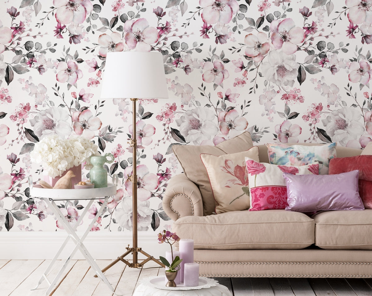 Watercolour Pink Flowers And Leaves Wallpaper For Living Room – Home ...