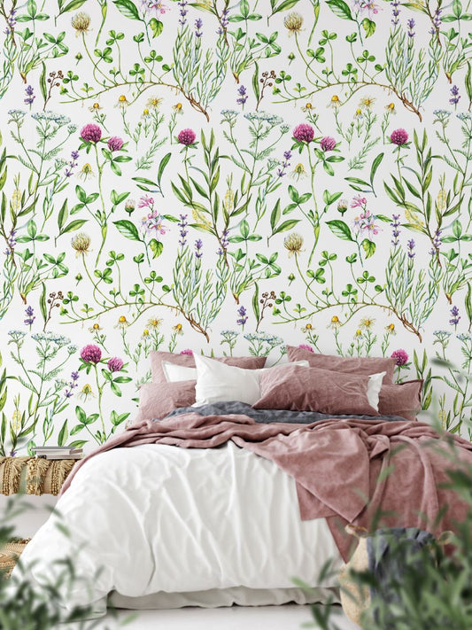 Wild flowers wallpaper Floral Wallpaper Watercolor Wallpaper Home Decor