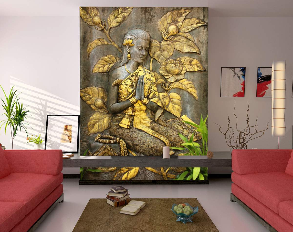 Golden Flowers And Woman Sitting 3D Wall Mural