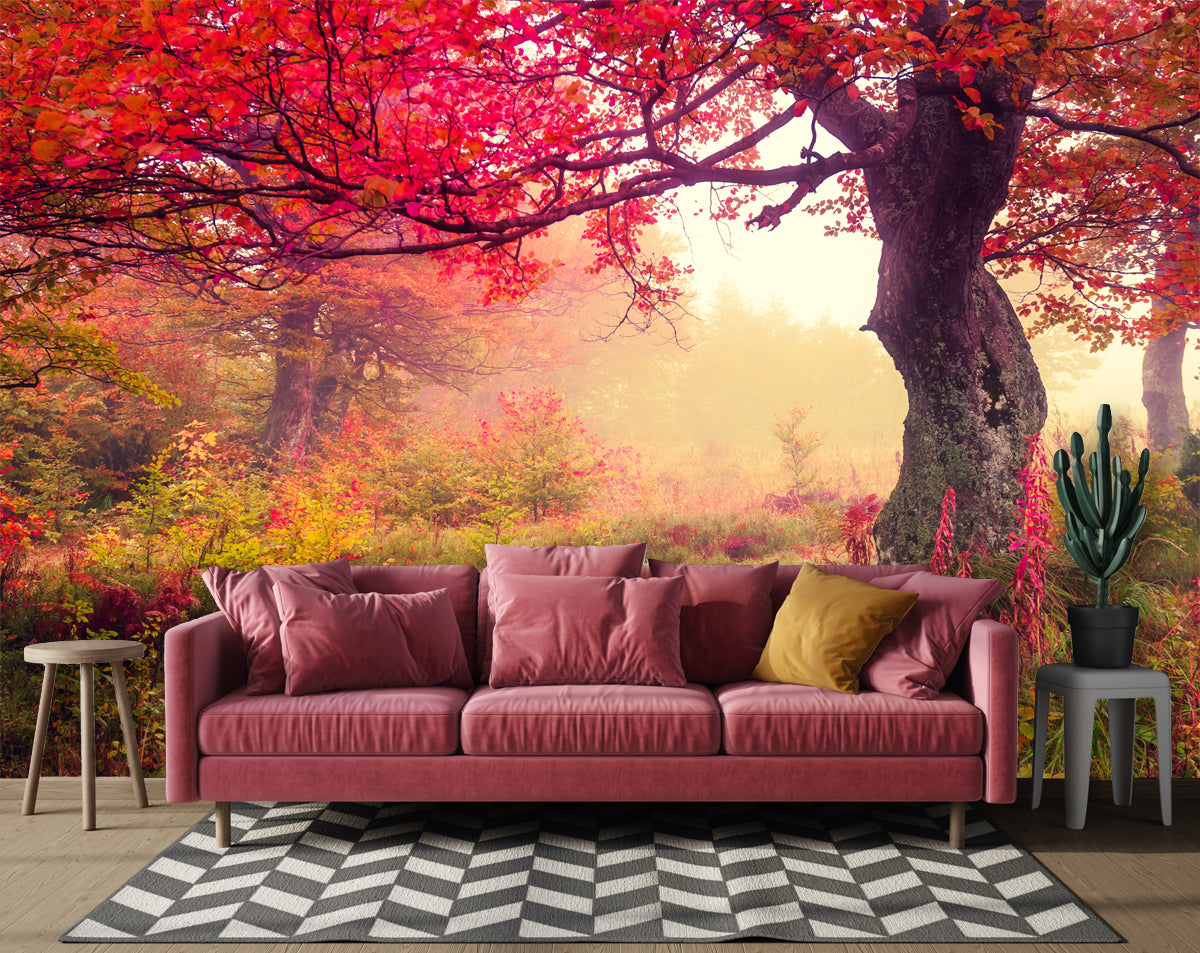 Pink Floral And Tree Forest Wallpaper