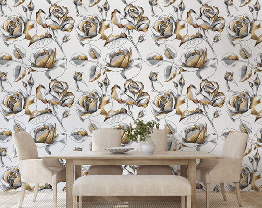 Luxury Golden Rose Floral Wallpaper Rolls
