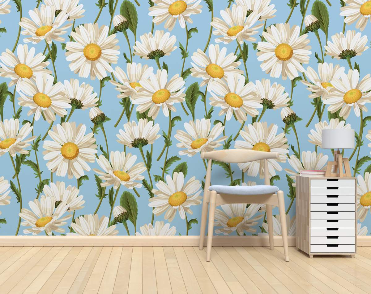 Blue Background White Flower Wallpaper Rolls