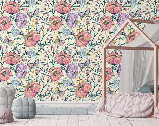 Colorful Floral & Butterflies Bedroom Wallpaper