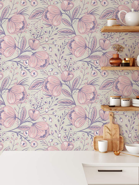 Hand Drawn Roses and Berries Wallpaper Roll