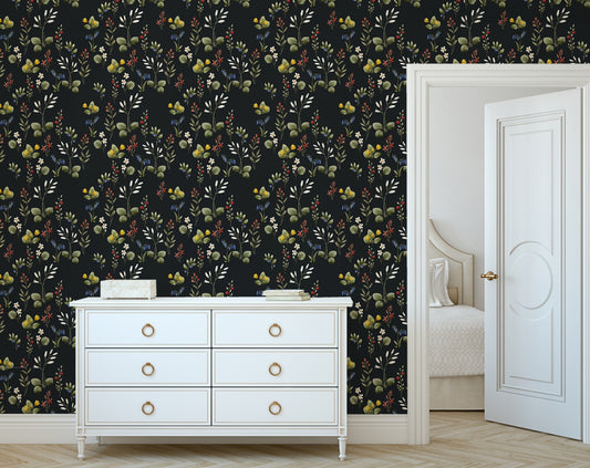 Forest Flowers Wall Design Wildflowers and Berries Dark Botanical Retro Wallpaper