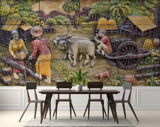 3D Wall Mural Village sculpture Art Wallpaper