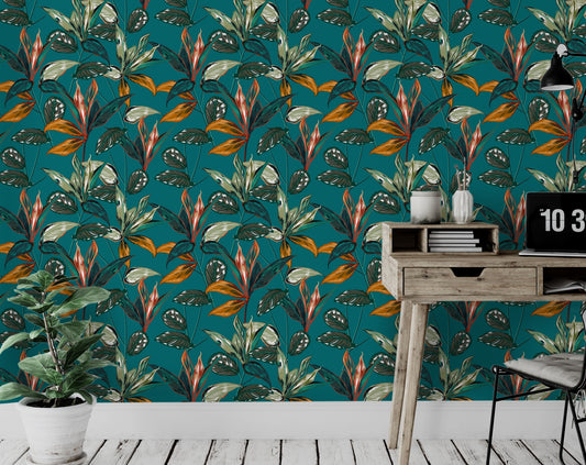 Tropical Plants Over A Teal Background Wallpaper