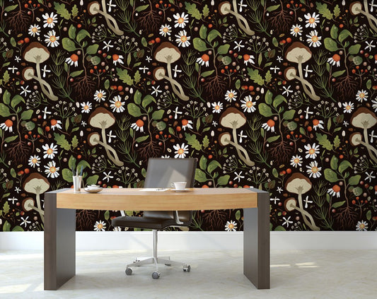 Mushroom Pattern Wall Decor, Dark Wallpaper