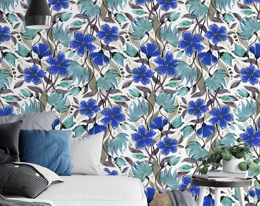 Navy Blue Flowers and White Watercolor Floral Wallpaper