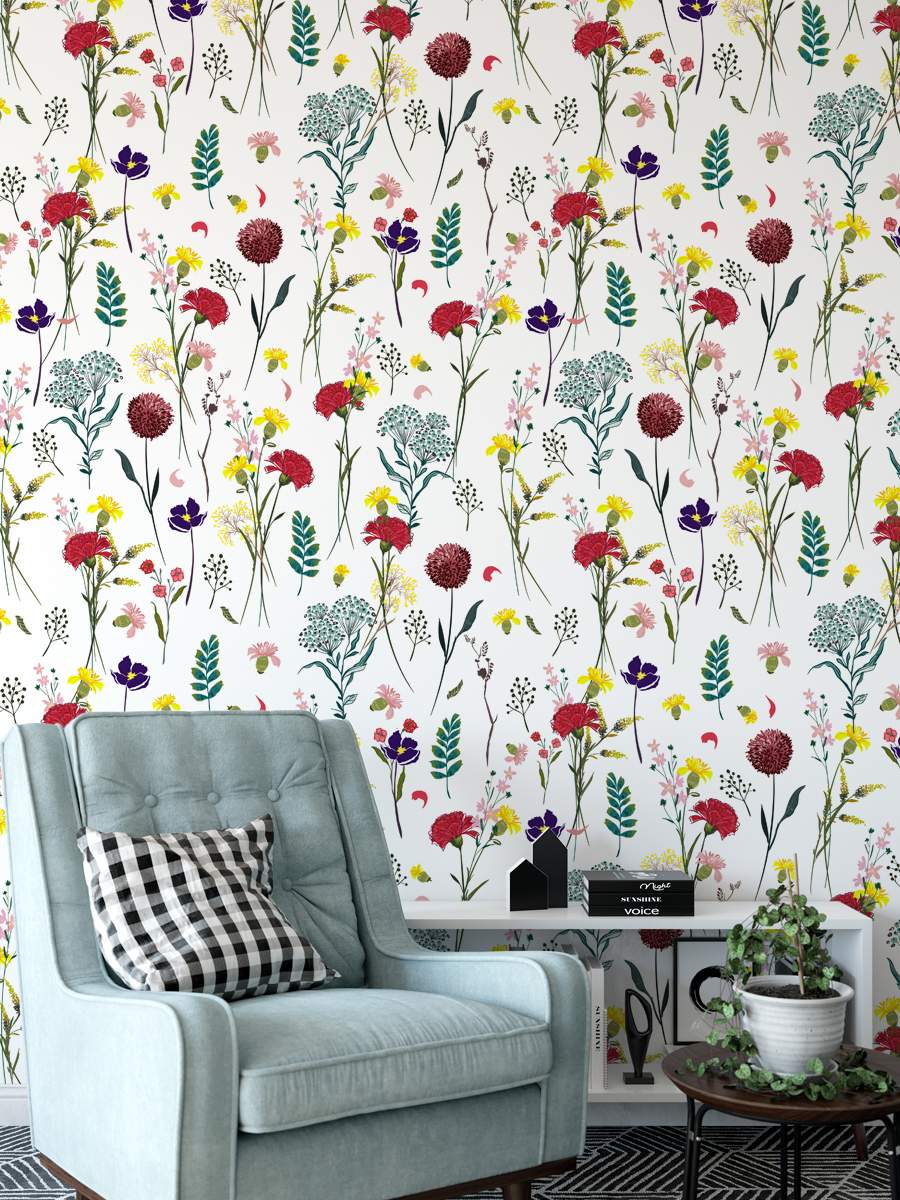 Blooming Colourfull Flowers Hand Drawing Wallpaper Rolls