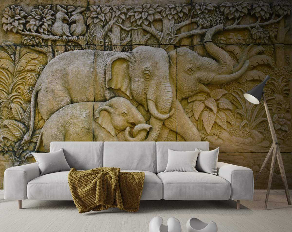 3D Gold Elephant Family Wall Mural Wallpaper