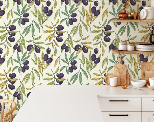 Beautiful Olive Tree Branches Eco Botanical Hand Drawn Leaves Wallpaper
