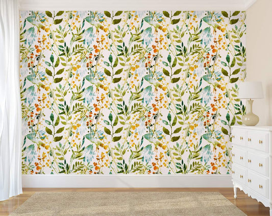 Herbs Flowers and Leaves Watercolour Wallpaper Rolls