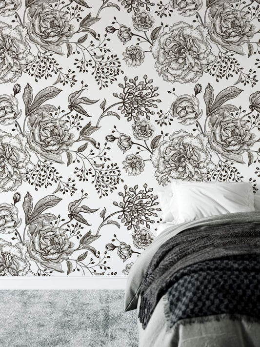 Peonies and Roses Floral Black Flowers Leaves Wallpaper Rolls